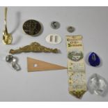 A Small Collection of Curios to Include Mother of Pearl Belt Buckle, Brass Coat Hook, Brass Mount,