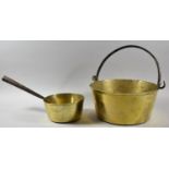 A Vintage Brass Jam Kettle with Iron Loop Handle Together with a Brass Saucepan with Iron Handle,
