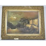 A Gilt Framed Oil Depicting Country House by Night, 35x25cm