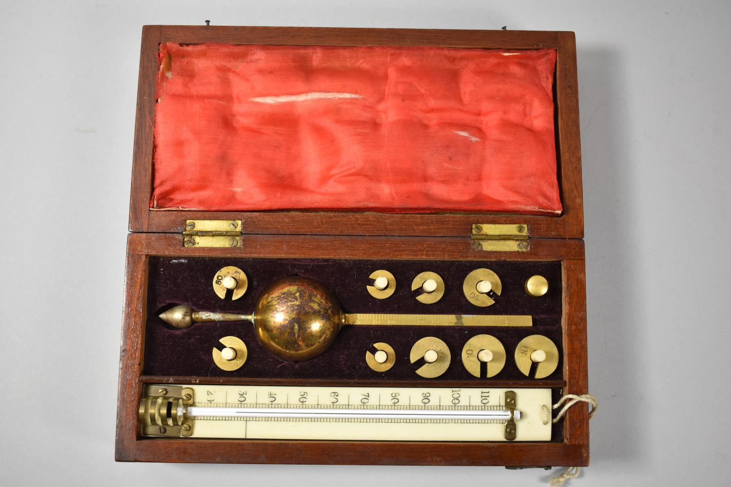 A Mahogany Cased Sikes's Hydrometer, Thermometer AF, 20cm Wide