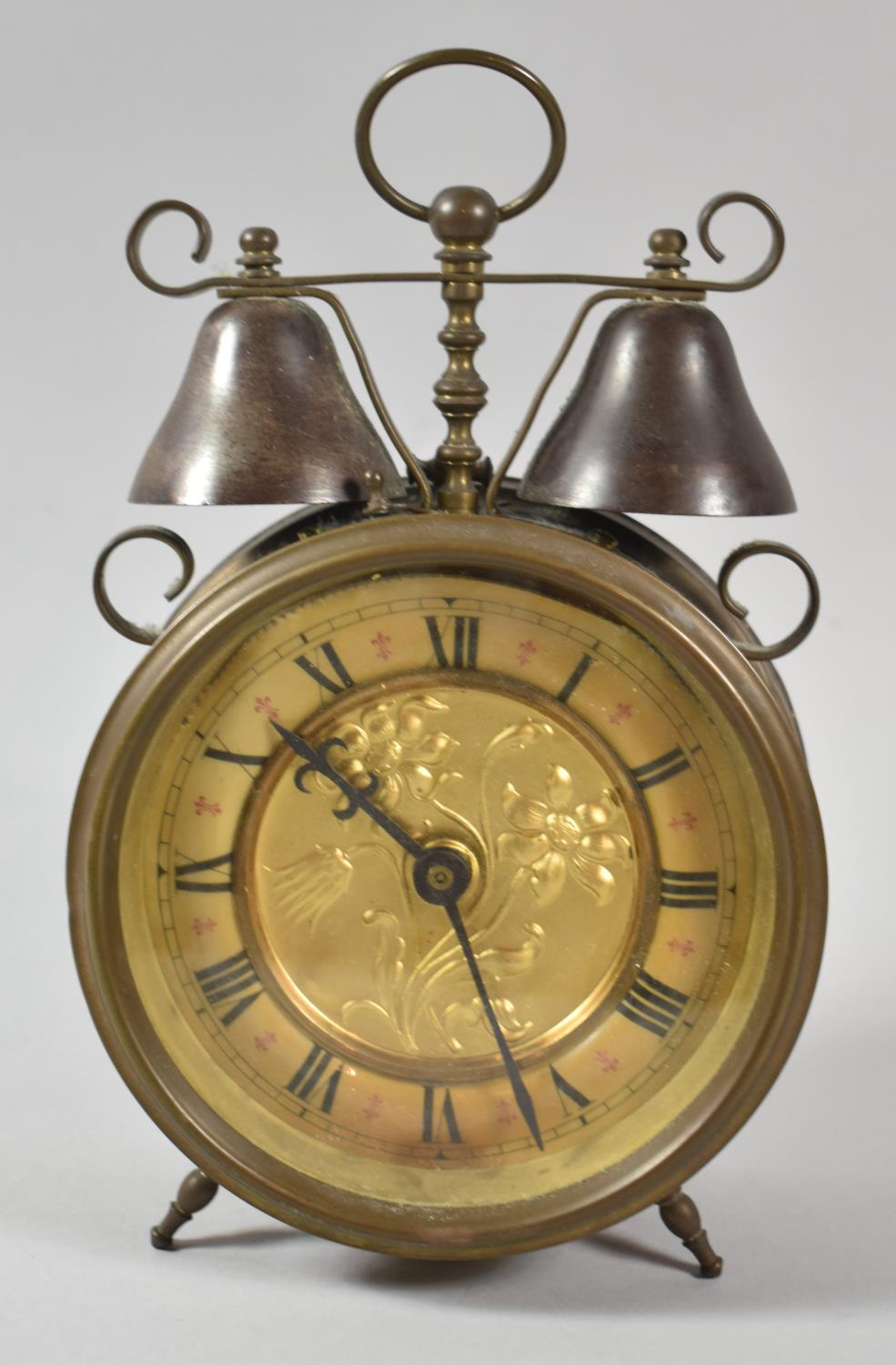 An Early 20th Century German Drum Alarm Clock with Two Bells, Working Order, 25cm high