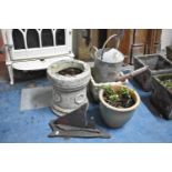 Three Patio Planters, Slate Ornament and Galvanized Watering Can