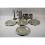 A Collection of Pewter to Include French Jug, Candle Stick, Tankard, Chargers etc