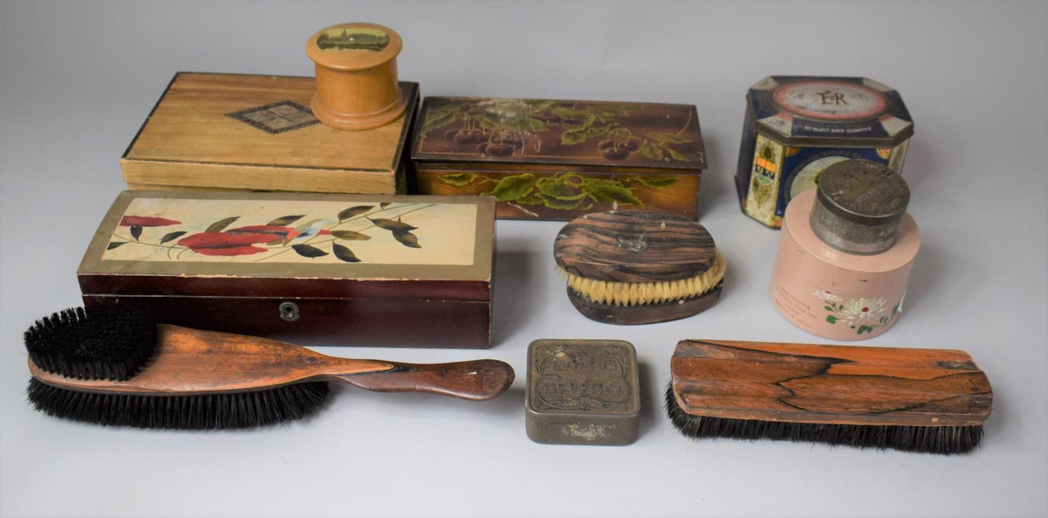 A Collection of Vintage Ephemera to Include Hair and Clothes Brushes, Cherry Tin and Tobacco Tin,