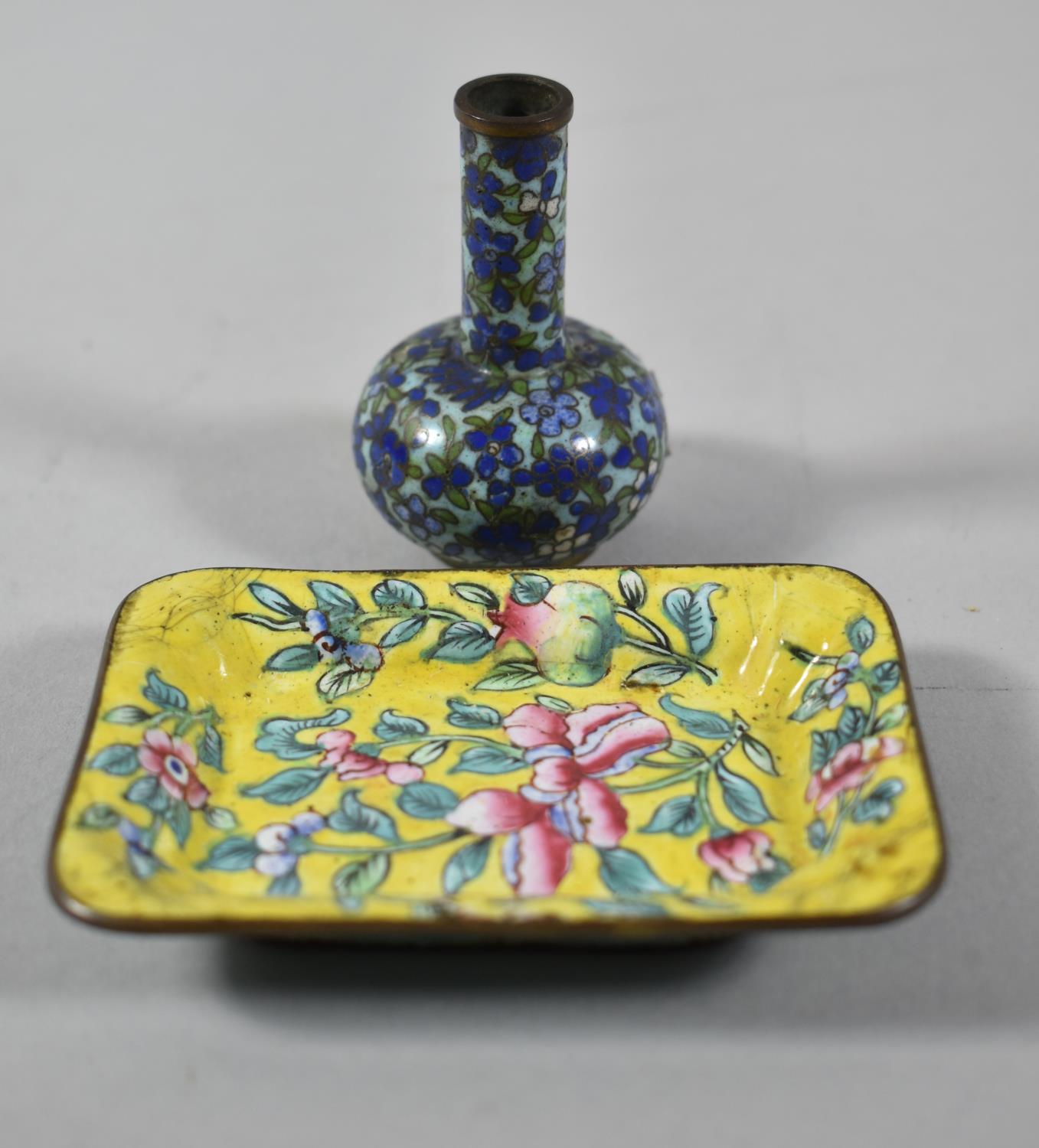 A Miniature Oriental Rectangular Enamelled Dish and a Small Cloisonne Vase, Dish 8.25cm Wide