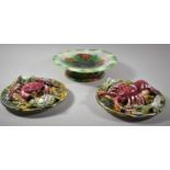 A Continental Majolica Leaf Dish on Circular Foot Together with Two Reproduction Palissy Style