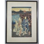 A Framed Oriental Wood Block Print Depicting Two Actors, 35.5cm x 23.5cm