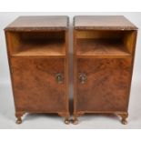 A Pair of Mid 20th Century Burr Walnut Bedside Cabinets on Short Cabriole Supports, Each 39cm wide
