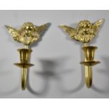 A Pair of Modern Brass Wall Hanging Single Candle Sconces Decorated with Angels, Each 17cm high