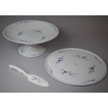 A Limoges Blue and White Lys Royal Cake Plate and Knife Together with a Shallow Bowl on Foot, 34.5cm
