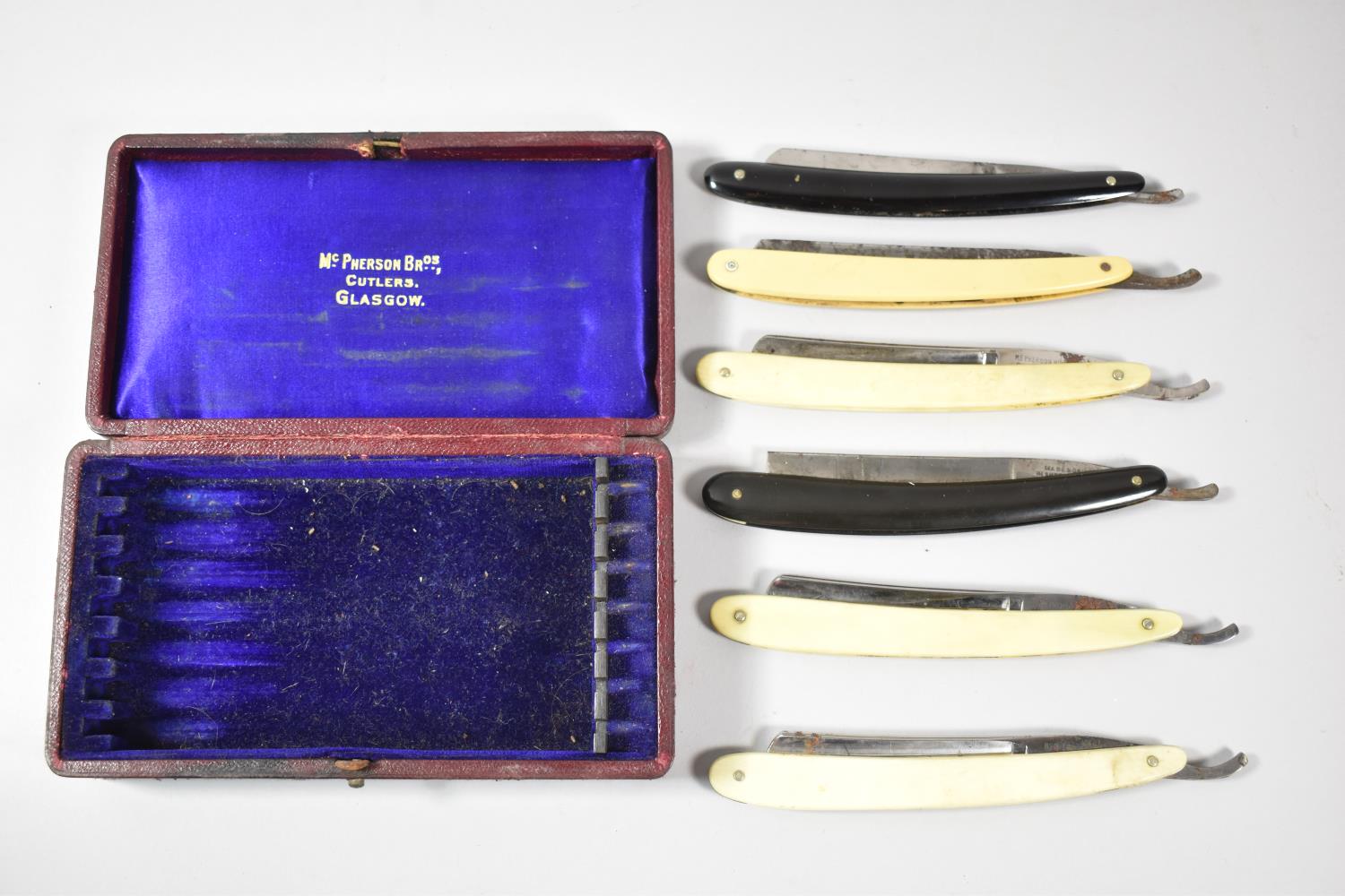 A McPherson Bros. Cutlers Box Housing Six Hollow Ground Cut Throat Razors to Include 2x Frass,