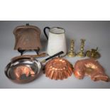 A Box of Metalwares to Include Copper Jelly Moulds, Brass Candlesticks, Enamelled Jug, Brass Crumb