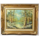 A Framed Oil on Canvas Depicting Woodland Pond, 39x29cm