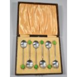 A Set of Six Silver Coffee Spoons with Green Coffee Bean Finials, Birmingham 1933