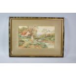 A Framed Watercolour Depicting Children Collection Primroses in Front of Mill, 30x18cm