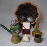 A Collection of Curios to Include Carved Buddha, Wicker Bordered Bowl, Oriental Cased Miniature