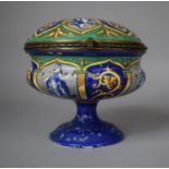 A Continental Faience Lidded Circular Box, Probably French, on Circular Foot Decorated in Blue,