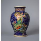 A 20th Century Chinse Crackle Glazed Vase of Baluster Form with Applied Enamels on Blue Ground
