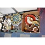 Three Boxes of Ceramics to Include Continental Bird Decorated Plates, Blue and White Meat Plates,