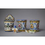 A French Faience Wall Hanging Salt Container and Two Planters, Shaped Flask etc