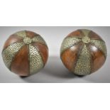 A Pair of Far Eastern Metal Mounted Wooden Balls, 14.5cm Diameter