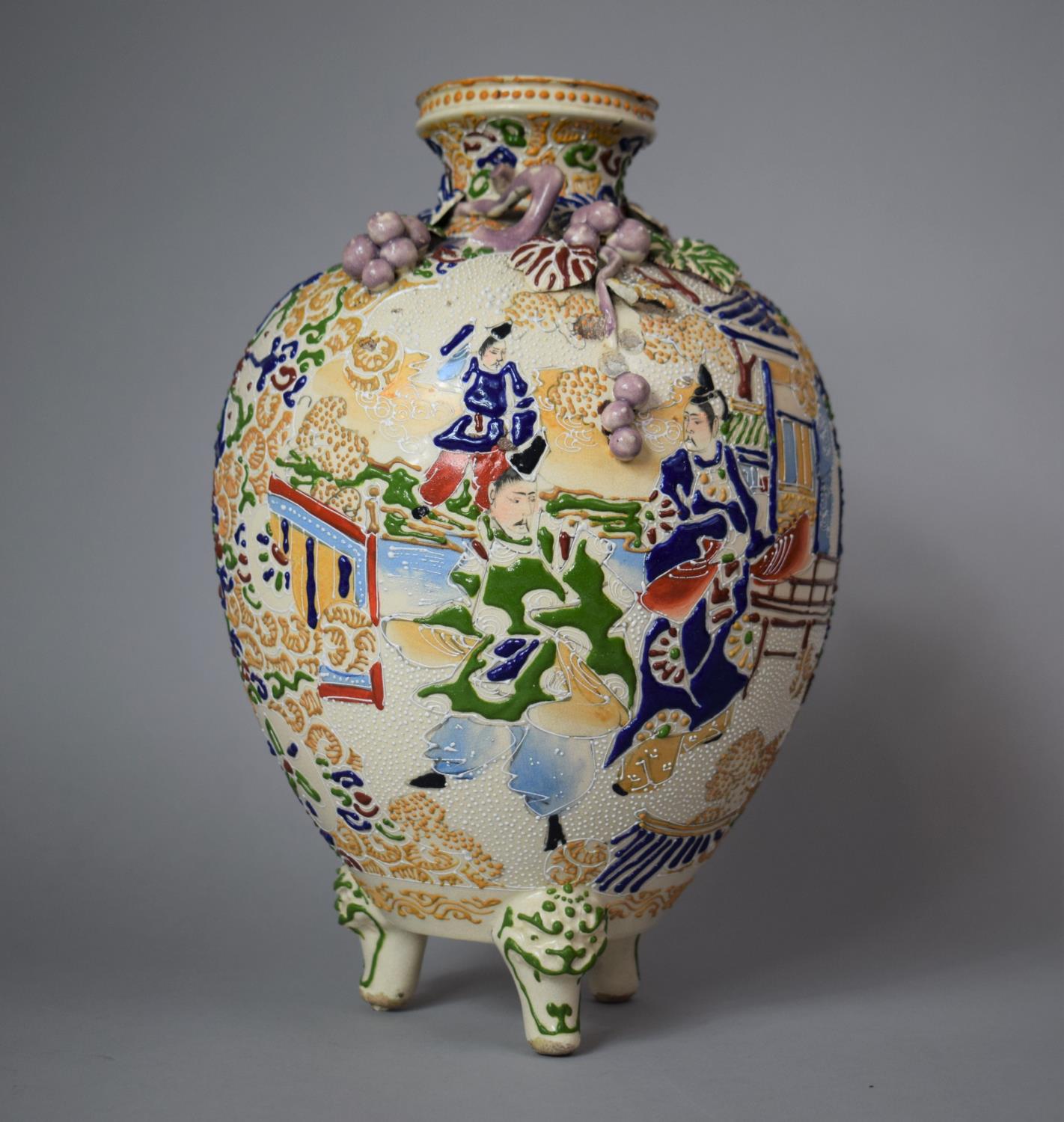 A Large Chinese Satsuma Vase of Globular Form Raised on Tripod Temple Mask Supports, Decorated in - Image 2 of 2