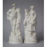 A Pair of Portmeirion Parian Figural Candlesticks, Farmer and Wife, 25.5cm high