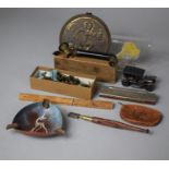 A Collection of Curios to Include Metal Pixie Plaque, Copper Ashtray, Mouth Organ, Vintage Car