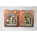 A Pair of Continental Metal Effect Wall Hangings on Pine Mounts, Woodman and Blacksmith, Each 30cm