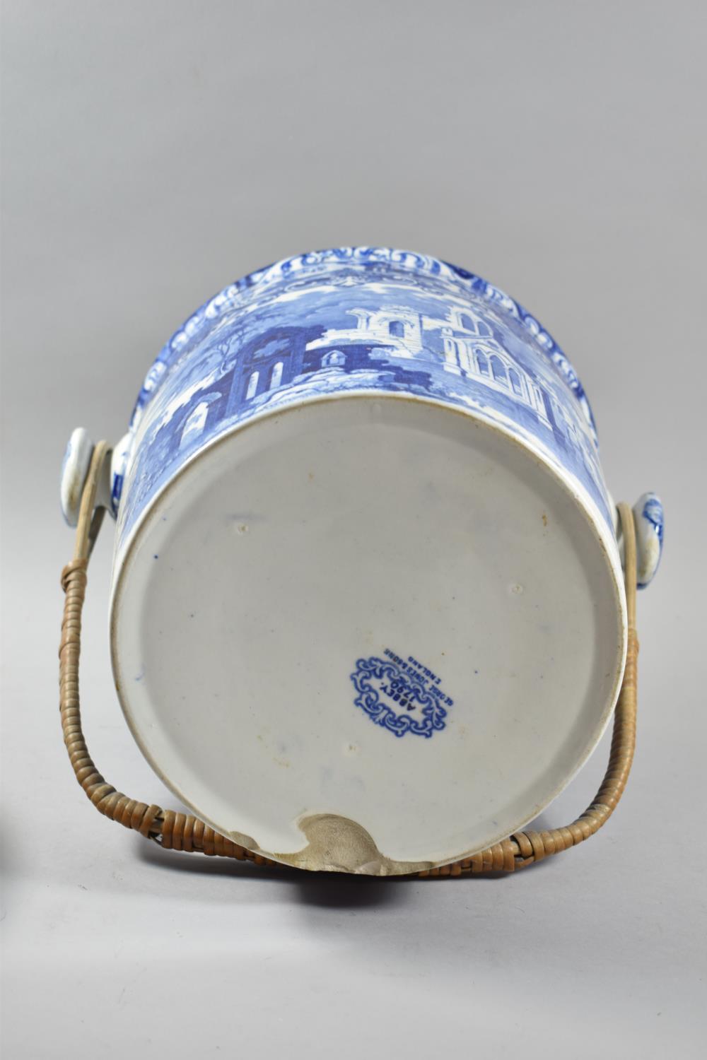 A Transfer Printed Blue and White Toiletry Pail with Cane Loop Handle, 25cm high, Chip to Base - Image 4 of 5