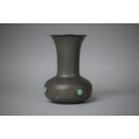 An Arts and Crafts Pewter Vase by Ashberry Having Four Inset Ruskin Type Ceramic Cabochons, 16cm