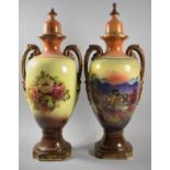 A Pair of Mid 20th Century Tall Two Handled Lidded Vases Decorated with Highland Cattle and Flowers,