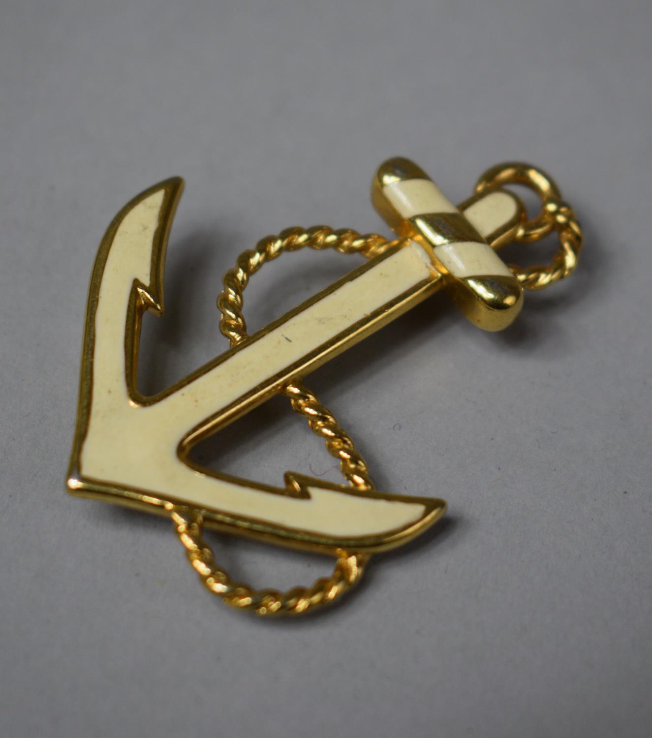 A Mid 20th Century Monet Gold Tone and Cream Enamelled 'Fouled Anchor' Brooch, (Fouling Wire