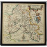 A Framed Early 17th Century Hand Coloured Engraved Map of Oxfordshire, Oxoniensis After Saxton and