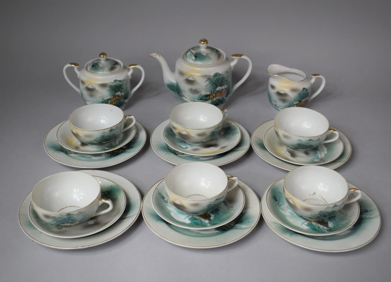 A 20th Century Japanese Mount Fuji Decorated Teaset to Comprise Teapot, Milk, Sugar, Cups, Saucers