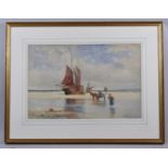 A Large Framed Watercolour Depicting Depicting Barges Being Unloaded on Beach, Signed Bottom