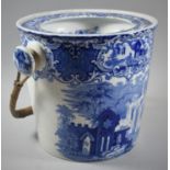 A Transfer Printed Blue and White Toiletry Pail with Cane Loop Handle, 25cm high, Chip to Base