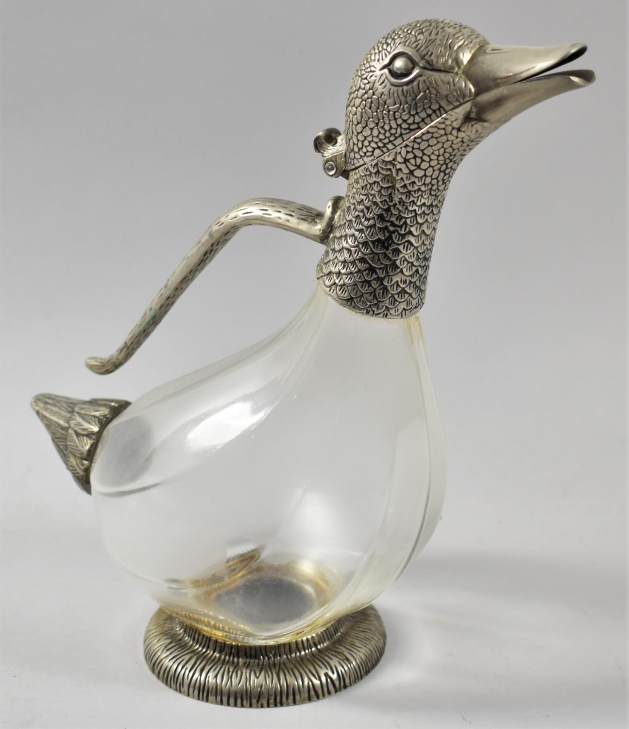 A Mid/Late 20th Century Novelty Duck Decanter in Silver Plate and Glass, 26cm high