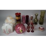 A Collection of Coloured Glassware to Include Two Mid 20th Century Shades, Cranberry Glass