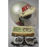 A Vintage Aztec Motorcycle Helmet Together with Pair of Stadium IX Super Jet Goggles with