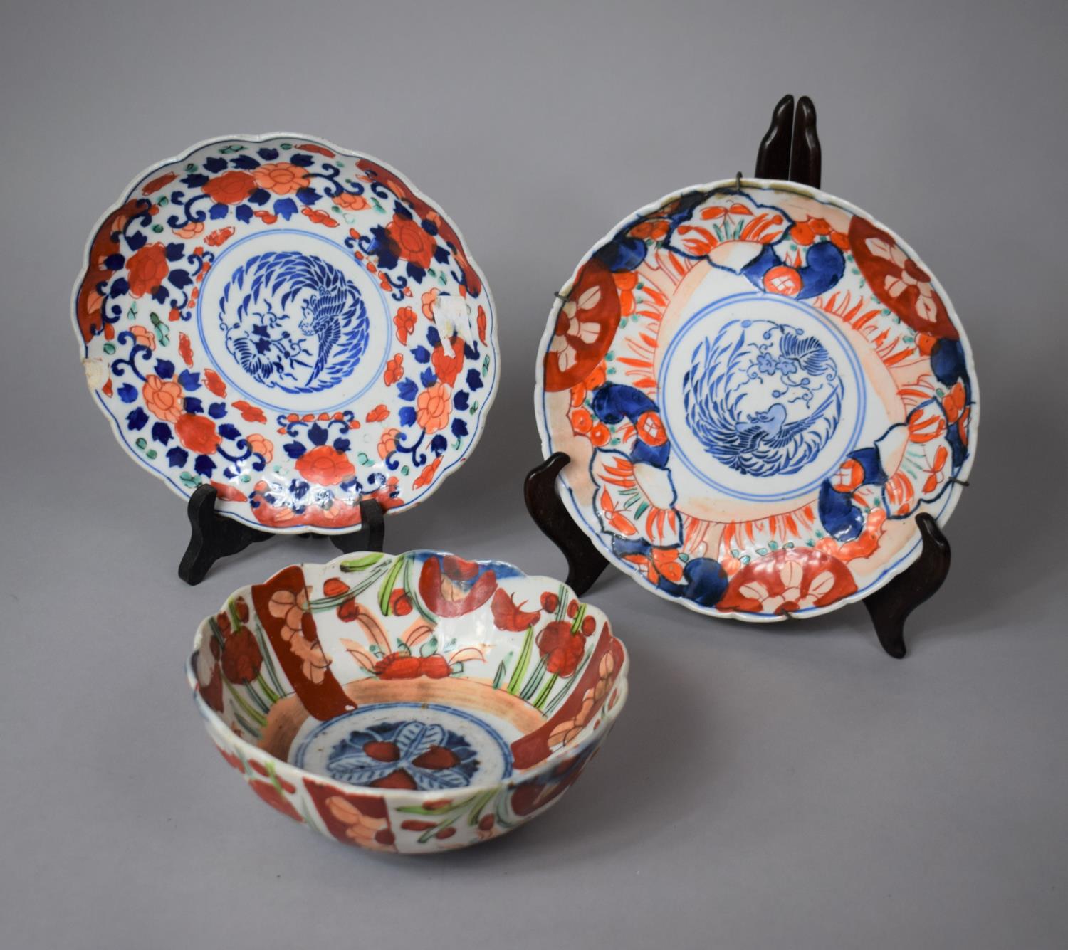 Three Pieces of Early 20th Century Japanese Imari to include Two Fluted Plates and a Bowl, Plates