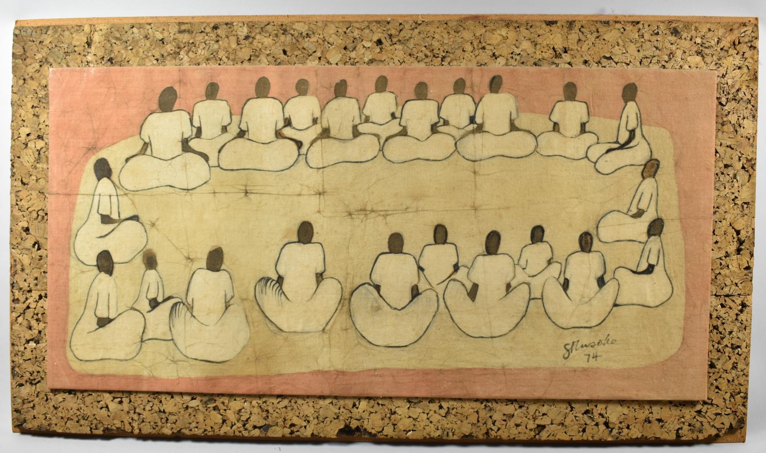 An African Painted Fabric Panel Mounted on Cork Board Depicting Seated Figures, Signed S Musoko,