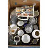 A Box of China and Glass to Include Commemorative Goblet, Floral Decorated jug etc