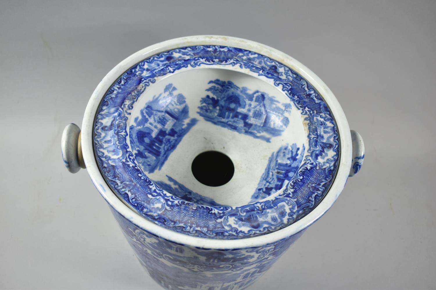 A Transfer Printed Blue and White Toiletry Pail with Cane Loop Handle, 25cm high, Chip to Base - Image 3 of 5