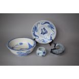 A Collection of Four Pieces of 20th Century Oriental Blue and White Chain to Include Footed Bowl