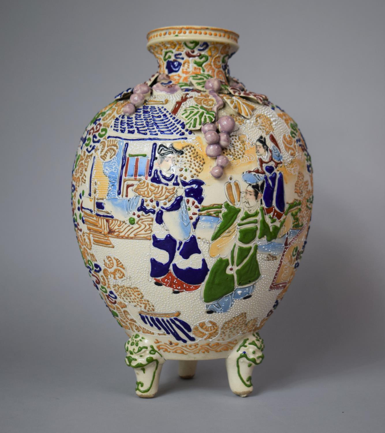 A Large Chinese Satsuma Vase of Globular Form Raised on Tripod Temple Mask Supports, Decorated in