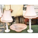 An Opaque Glass Circular Light Shade, 40cm Diameter Together with Two White and Gilt Ceramic Table