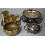 A Collection of Various Metalwares to Include Silver Plated Salvor, Teapot, Bowl, Two Brass