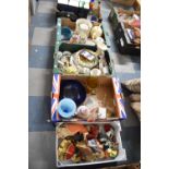 Four Boxes Containing Various Ceramics and Glassware, Souvenir Dolls, Ornaments, Teapots, etc