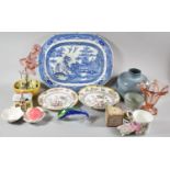 A Box of Ceramics to Include Large Blue and White Willow Pattern Meat Dish and Two 19th Century Wall